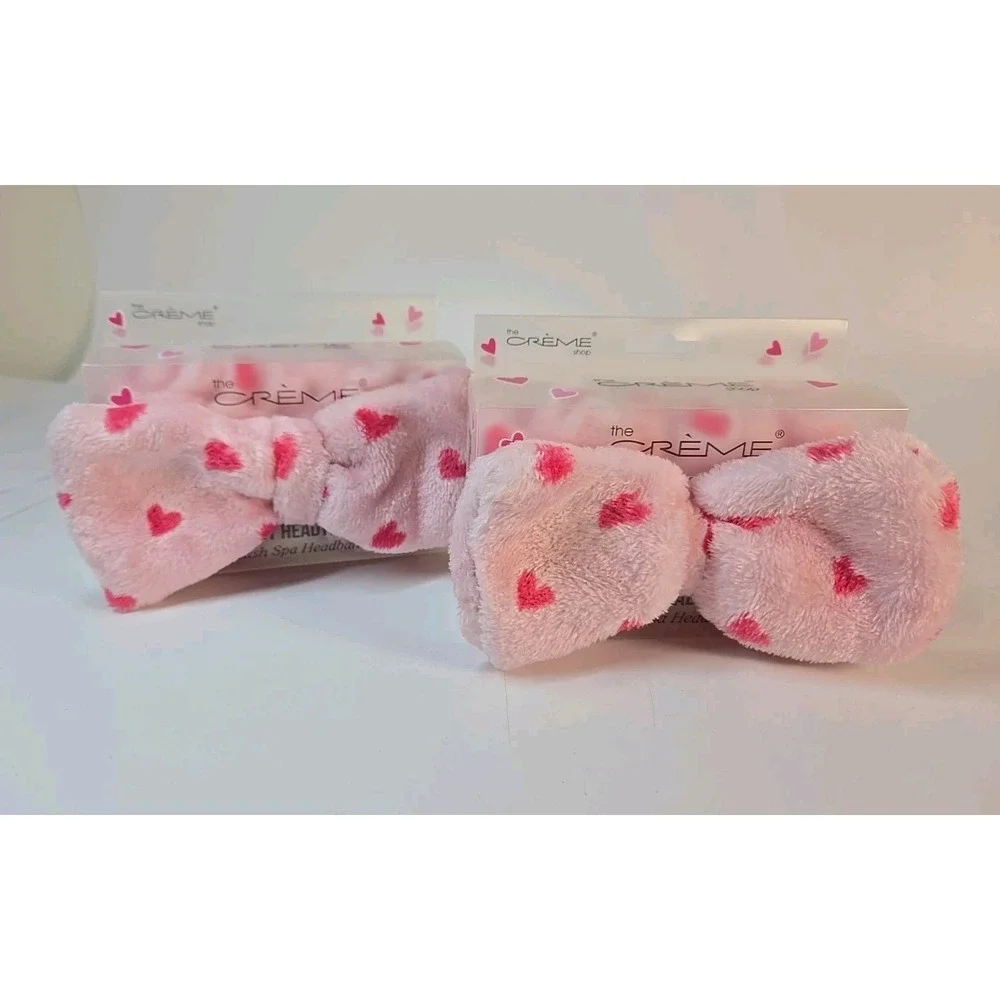 2 NEW The Crème Shop PLUSH SPA Teddy Headyband PINK HEARTS BOW Headband